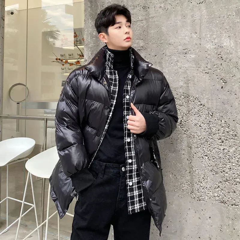 Trend Men's Padded Jackets Fashionable Woolen Plaid Fake Two Piece Niche Design Loose Mid Length Down Coat 9C3467