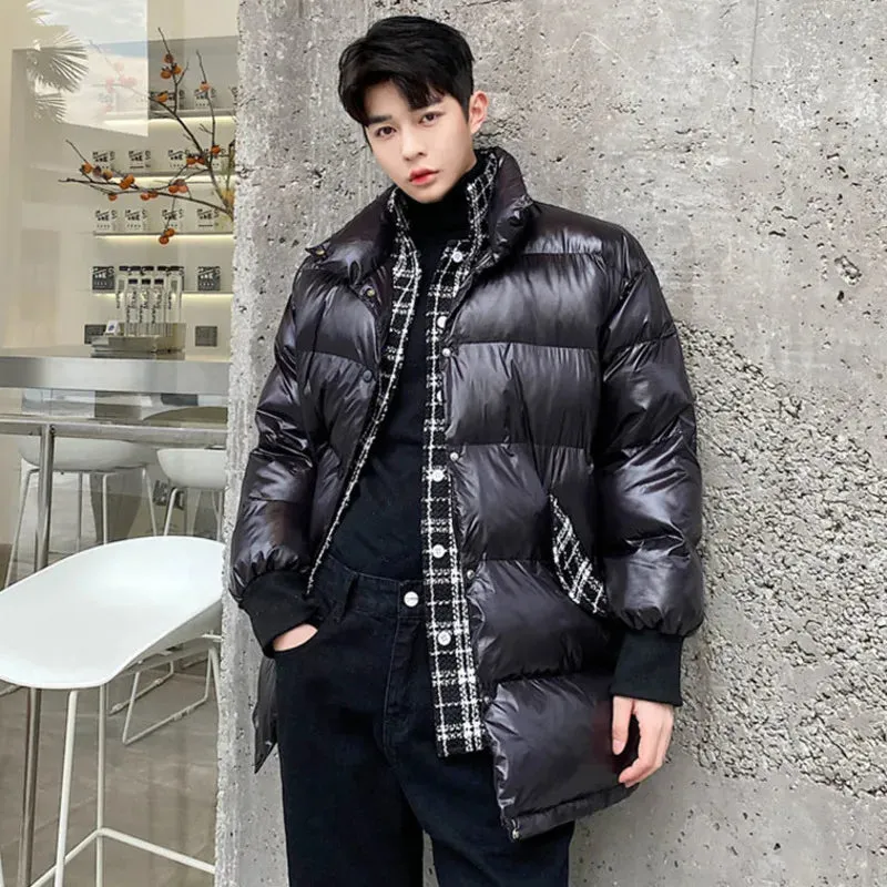 Trend Men's Padded Jackets Fashionable Woolen Plaid Fake Two Piece Niche Design Loose Mid Length Down Coat 9C3467