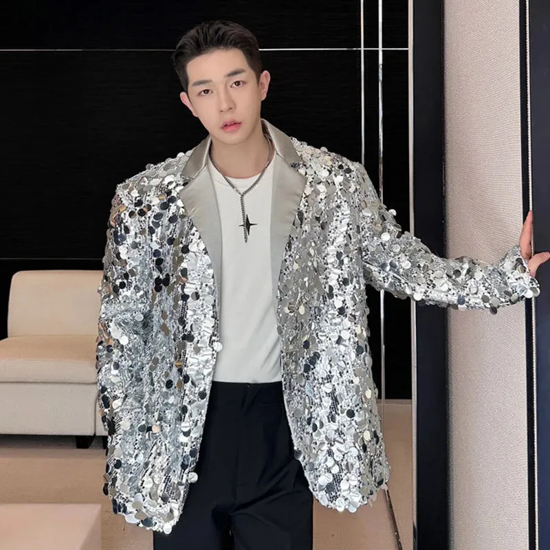 Trendy Sequin Blazer Men Niche Design Korean Chic Male Suit Jacket Temperament Lapel Single Breasted Top Spring 9C3764