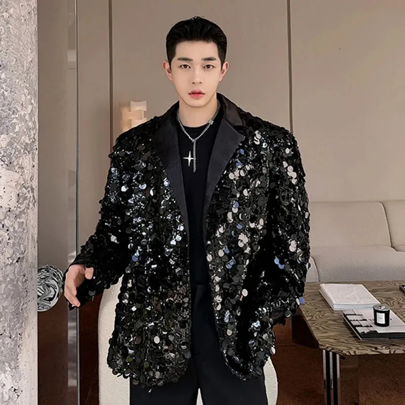 Trendy Sequin Blazer Men Niche Design Korean Chic Male Suit Jacket Temperament Lapel Single Breasted Top Spring 9C3764