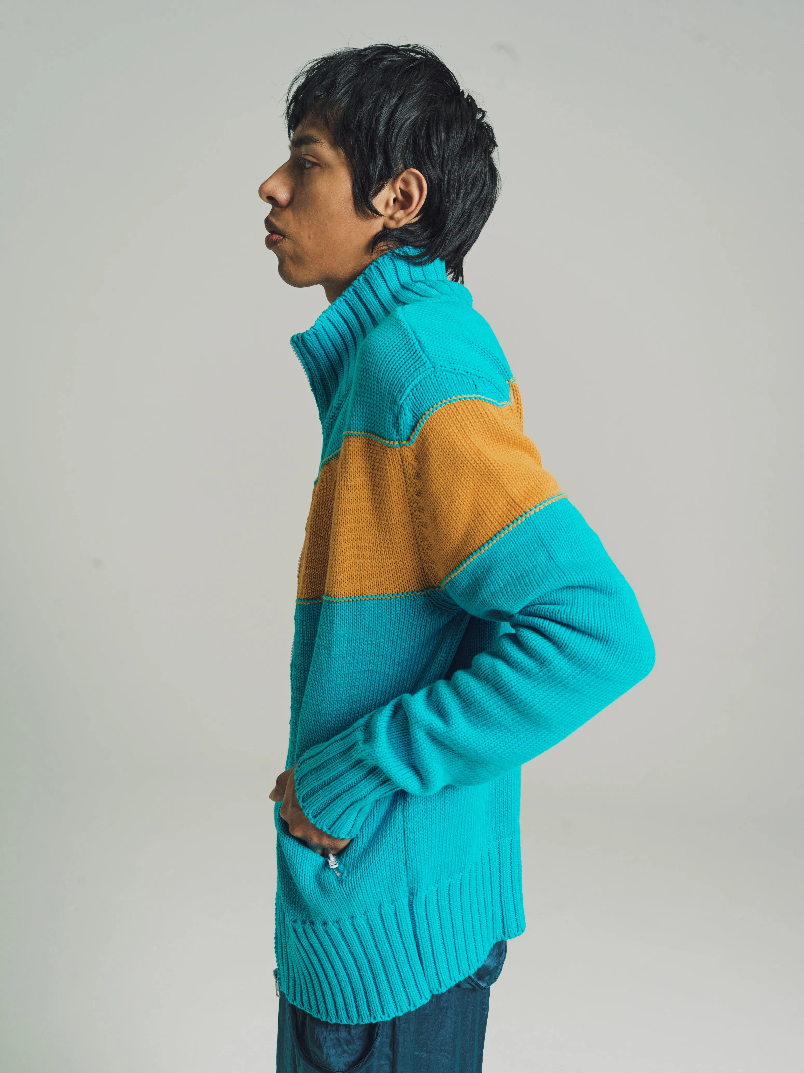 Turquoise Blue & Curry Knit Track Jacket