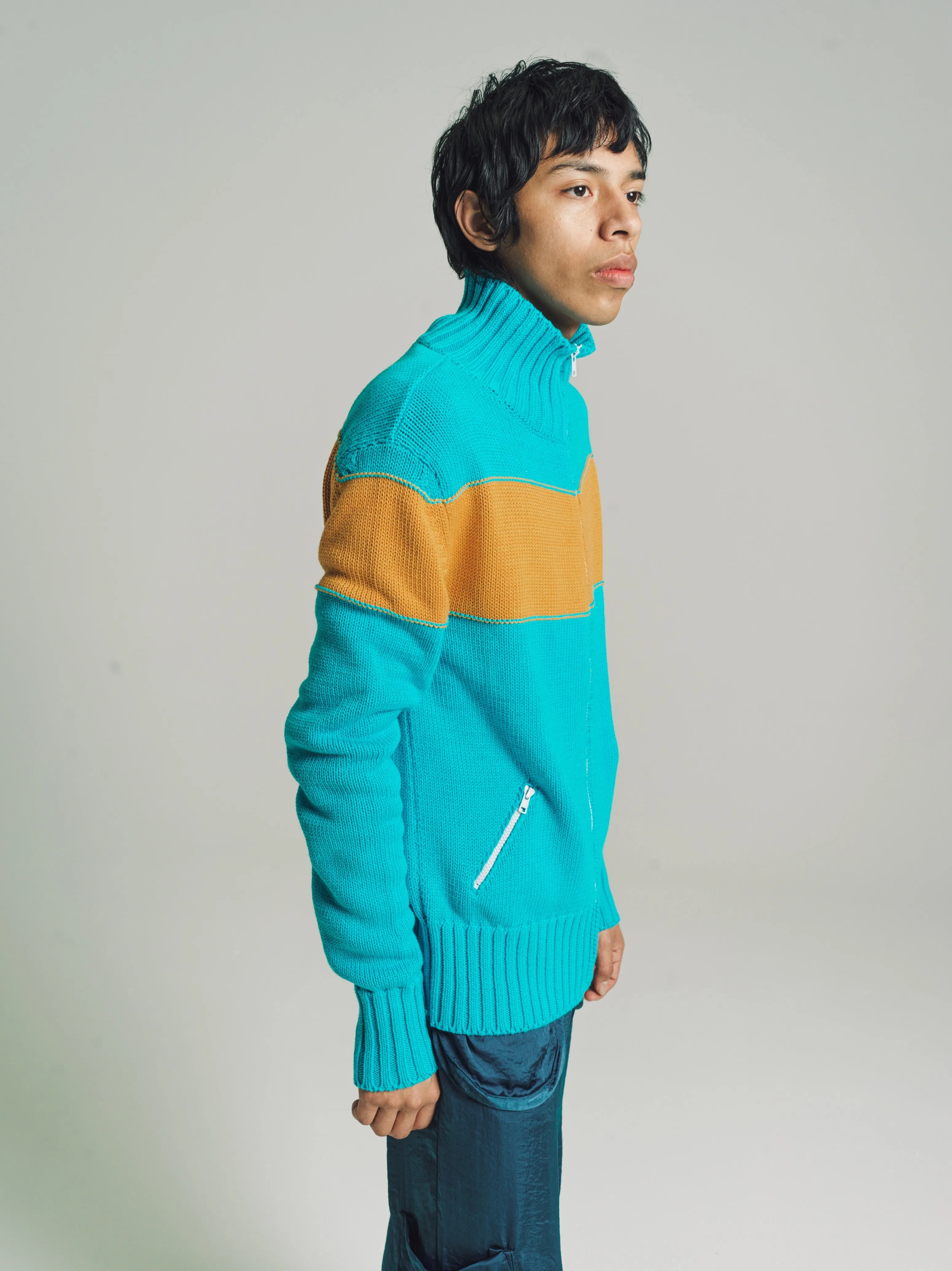 Turquoise Blue & Curry Knit Track Jacket