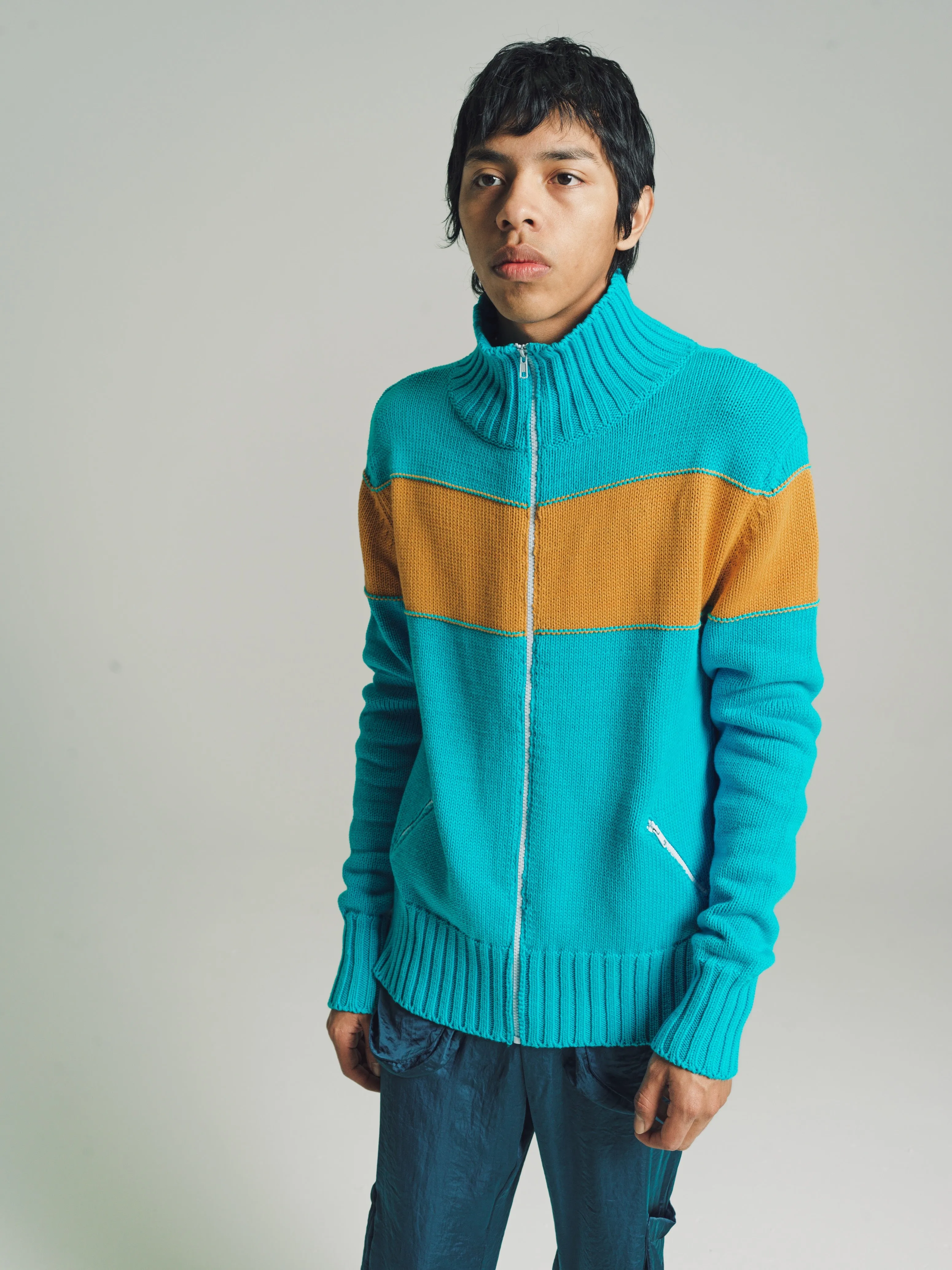 Turquoise Blue & Curry Knit Track Jacket