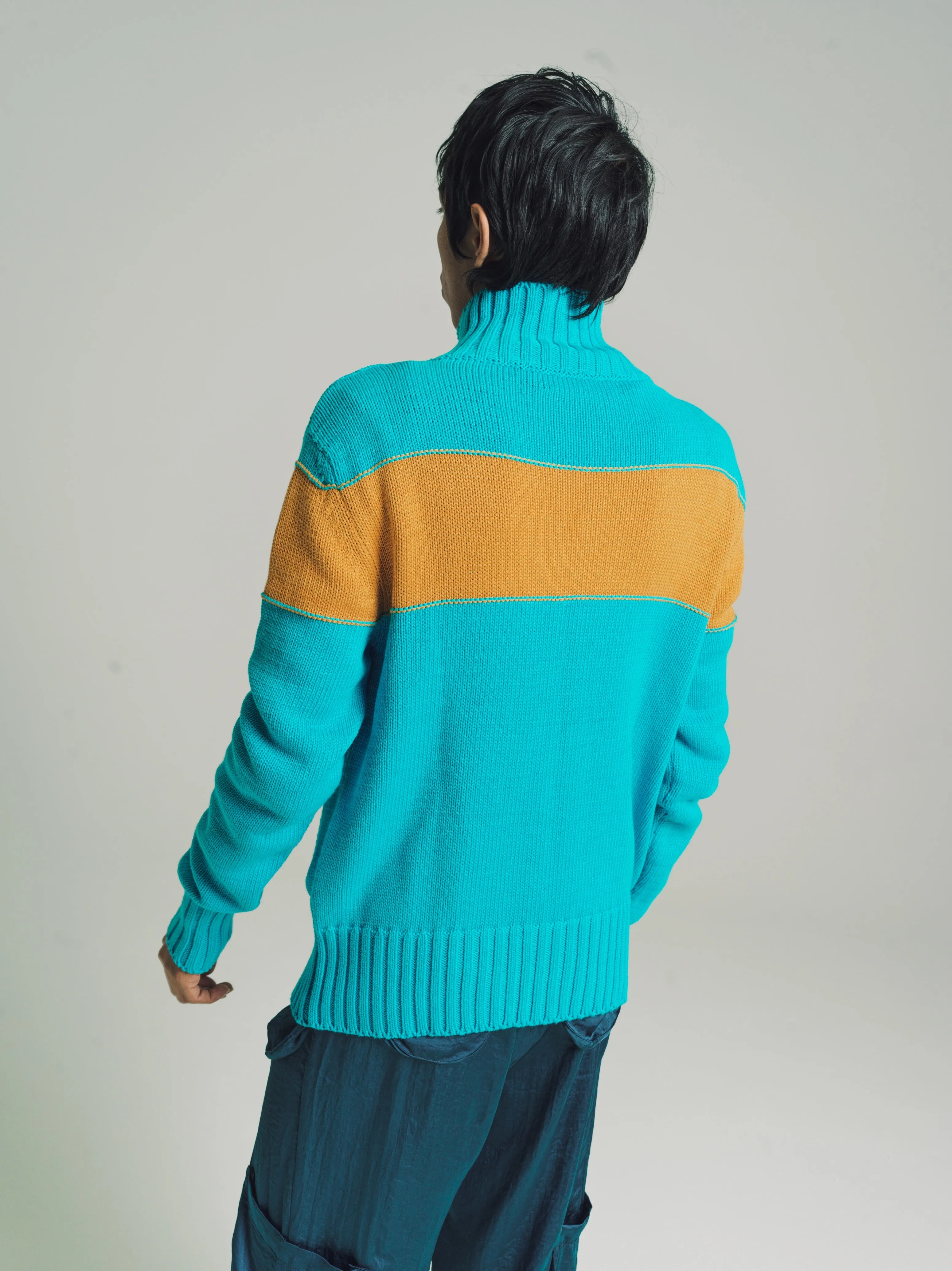 Turquoise Blue & Curry Knit Track Jacket