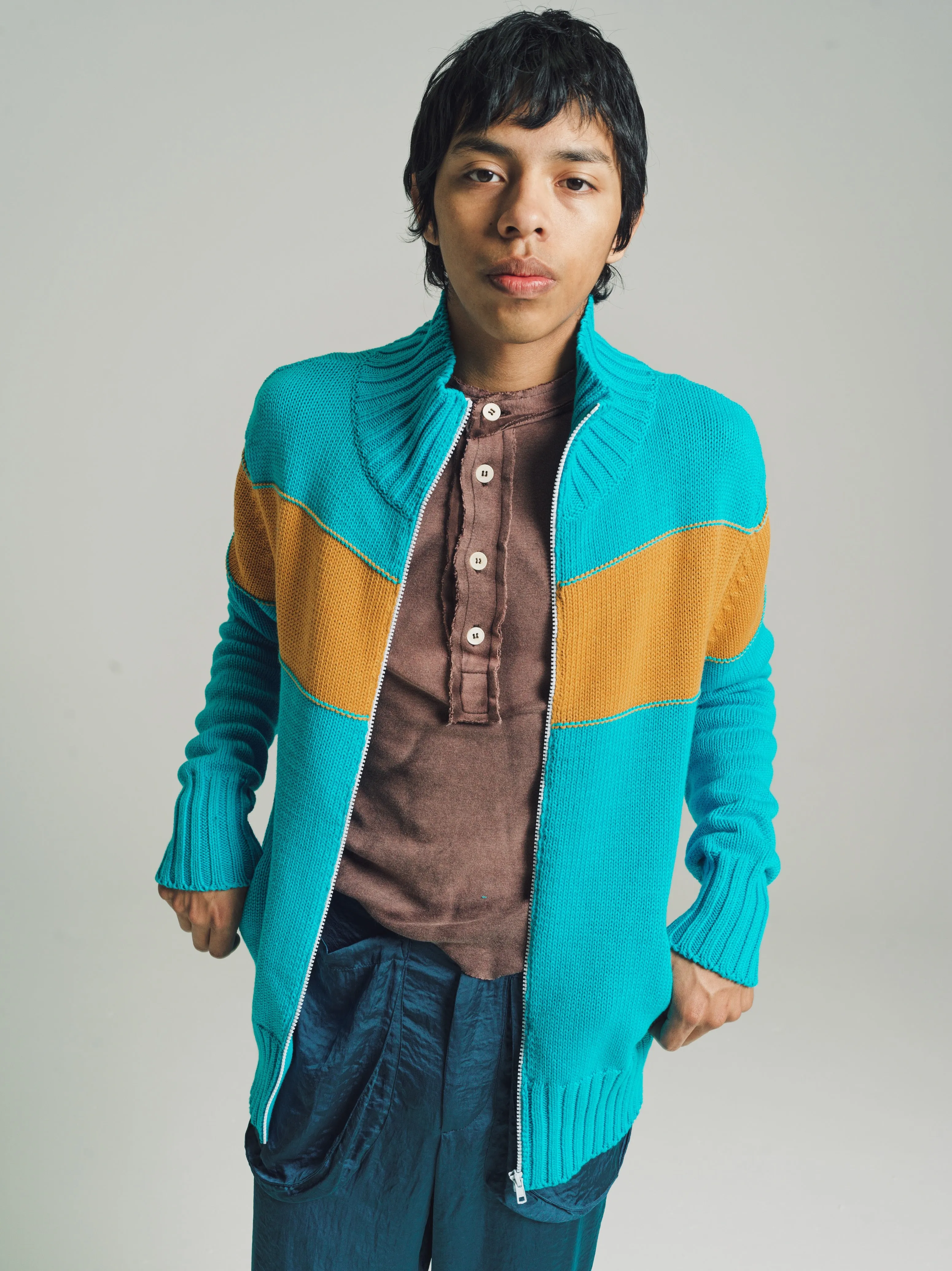 Turquoise Blue & Curry Knit Track Jacket