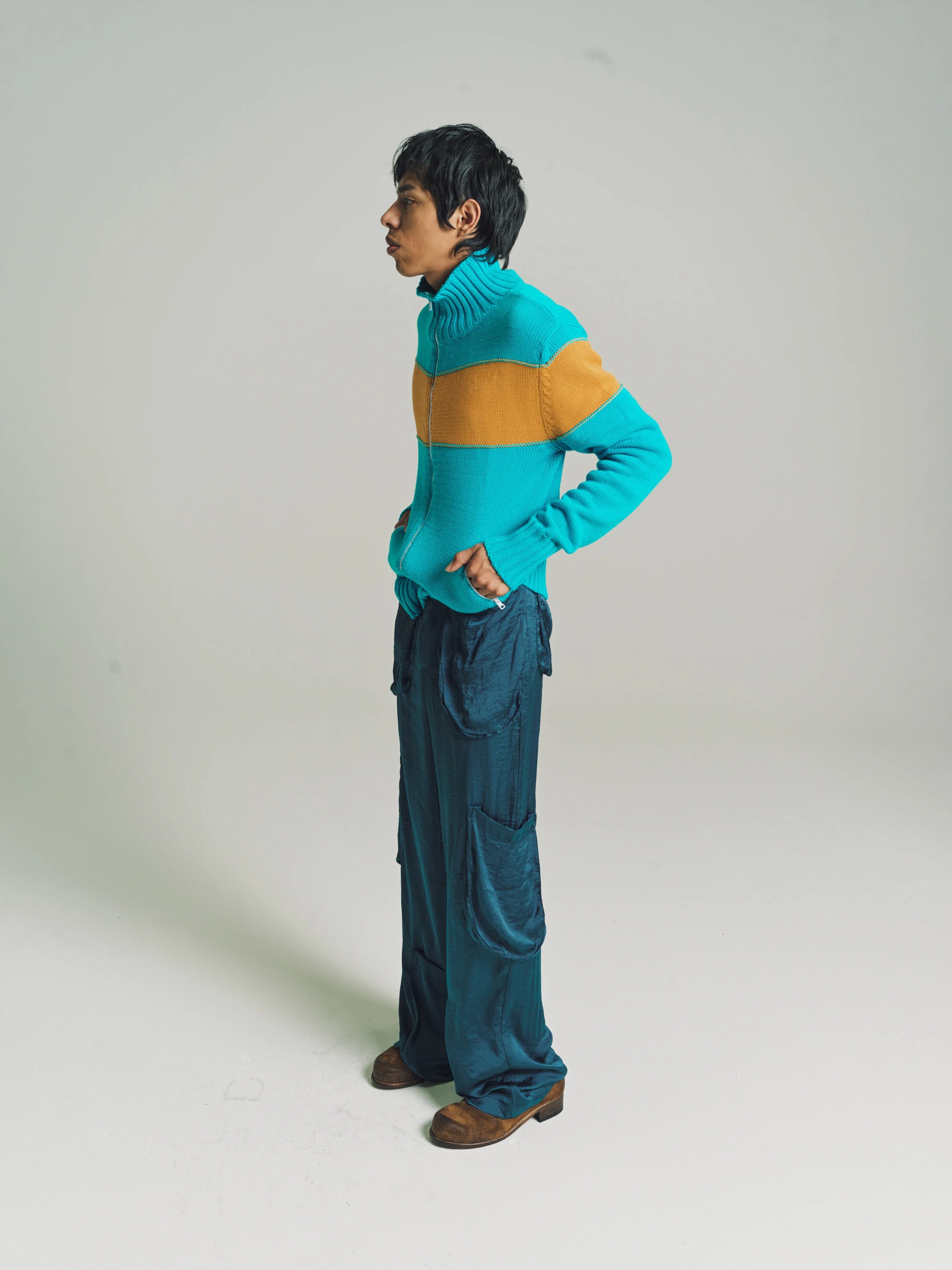 Turquoise Blue & Curry Knit Track Jacket