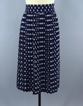 Vintage Midi Skirt / Navy Blue Seashells