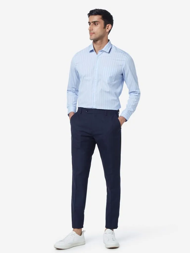 WES Formals Navy Relaxed-Fit Checked Trousers