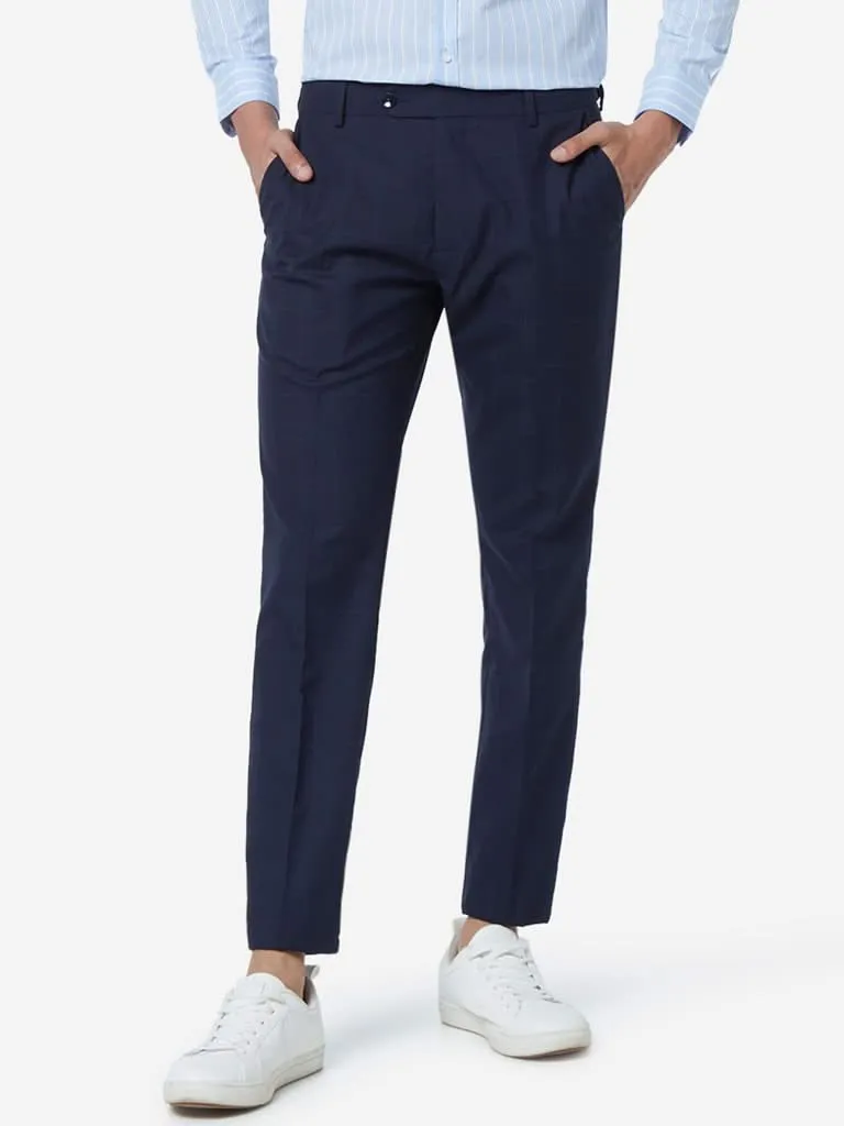 WES Formals Navy Relaxed-Fit Checked Trousers