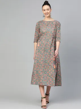 Women Green & Peach Floral Maxi Dress