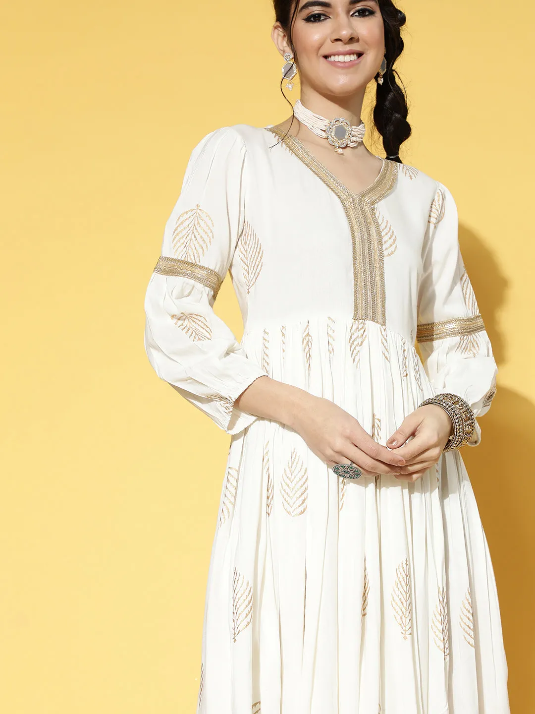 Women White & Gold-Toned Ethnic Motifs Printed Fit & Flare Dress