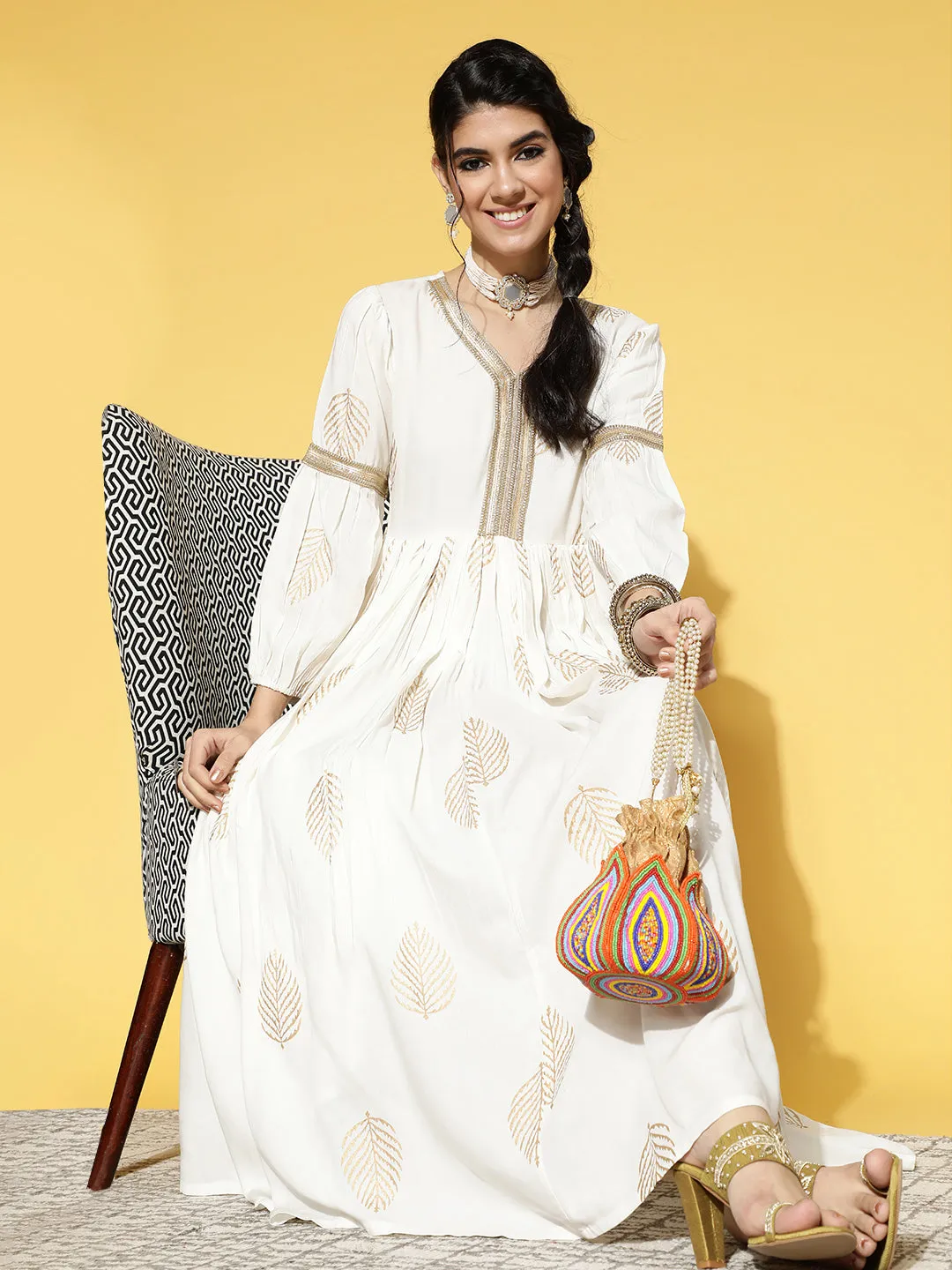 Women White & Gold-Toned Ethnic Motifs Printed Fit & Flare Dress