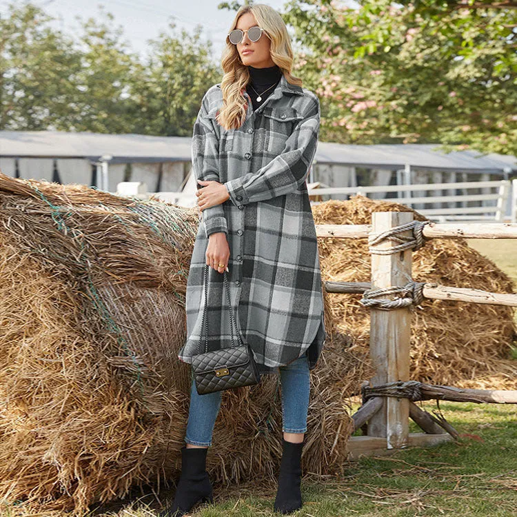 Women's Trench Coat Long Sleeve Loose Plaid Shirt Jacket