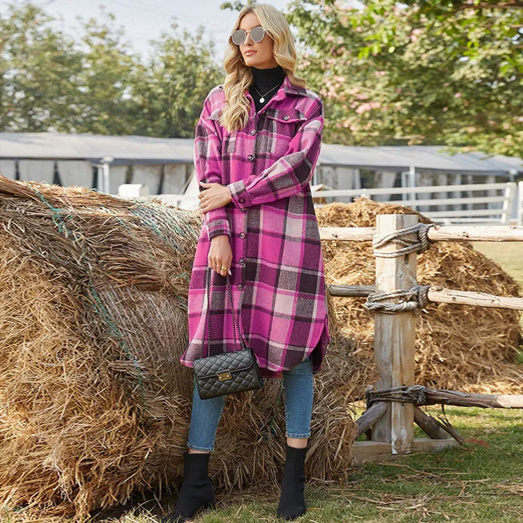 Women's Trench Coat Long Sleeve Loose Plaid Shirt Jacket