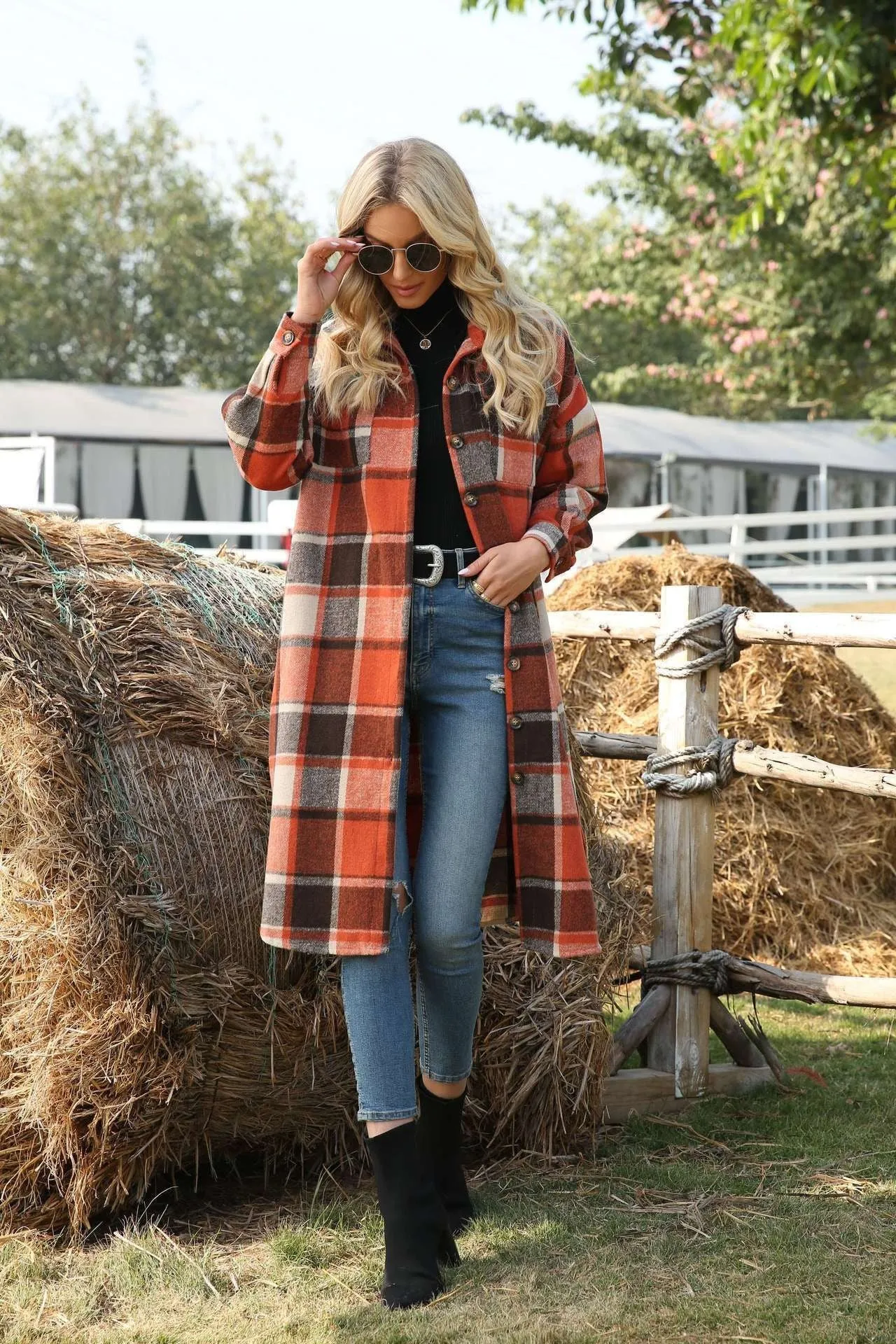 Women's Trench Coat Long Sleeve Loose Plaid Shirt Jacket