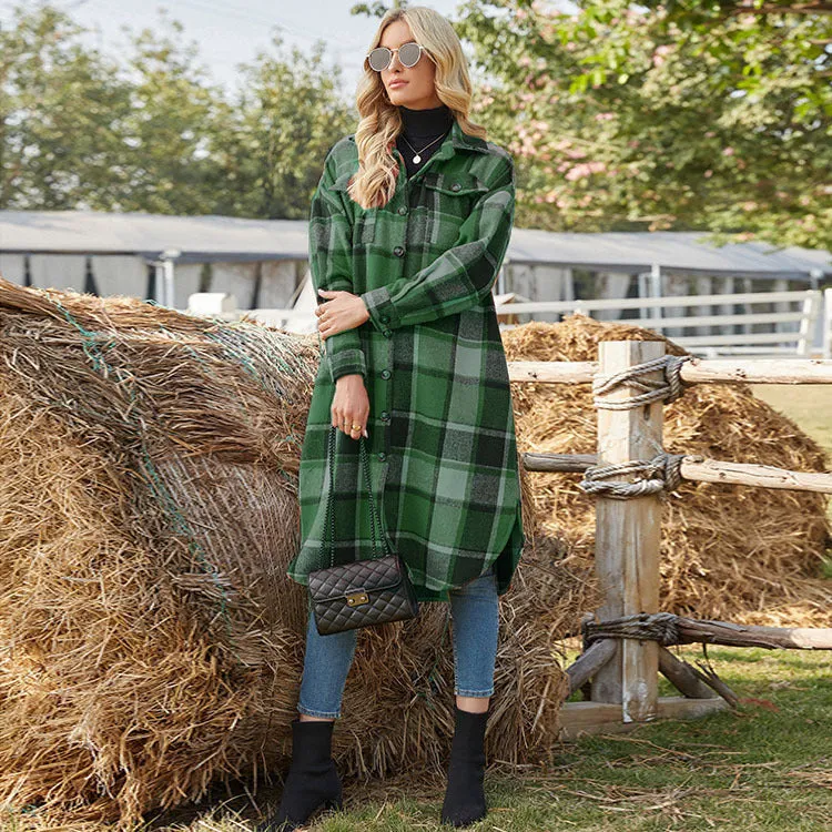 Women's Trench Coat Long Sleeve Loose Plaid Shirt Jacket