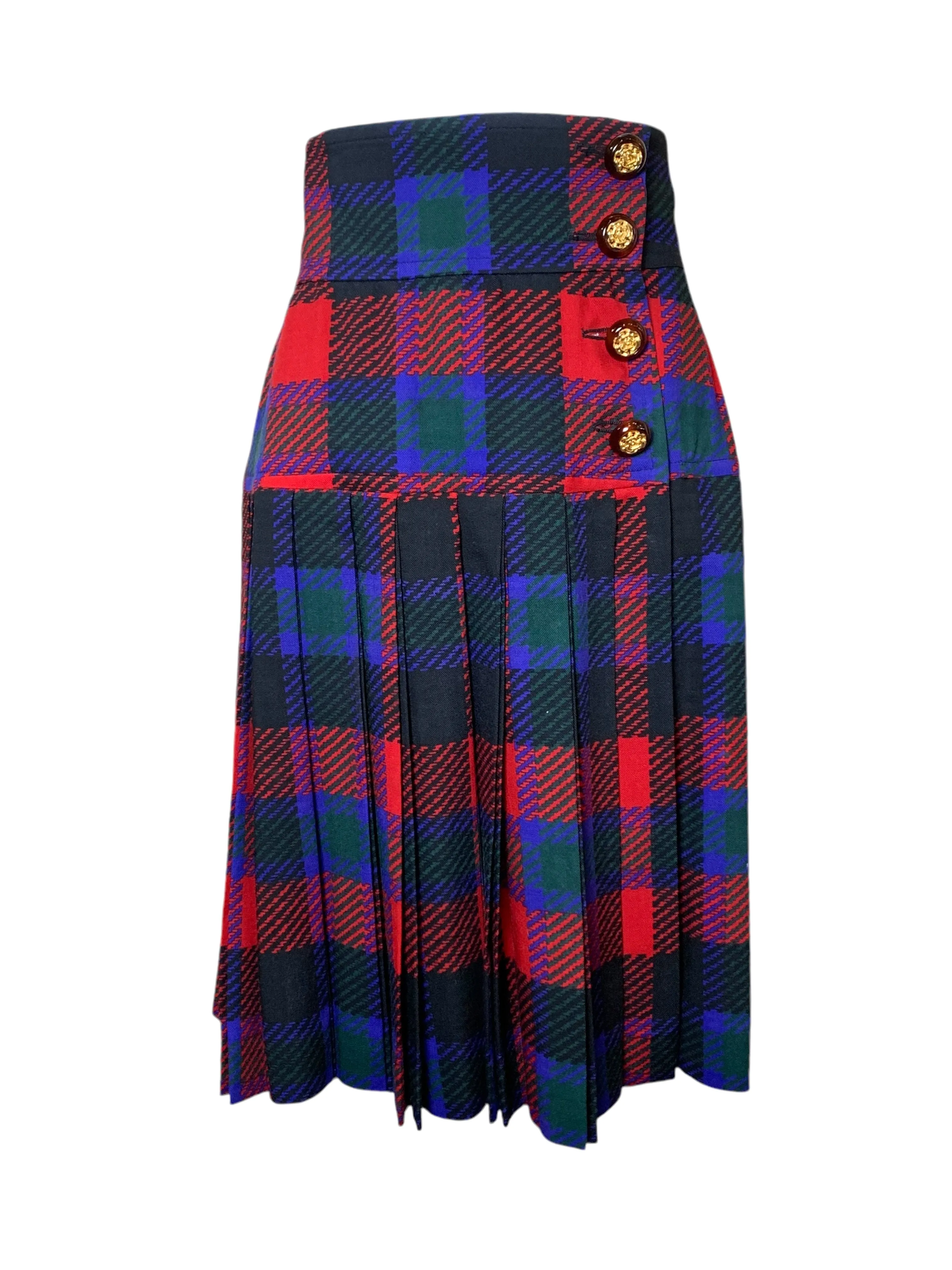 Yves Saint Laurent Rive Gauche Late '70s/ Early '80s Plaid  Silk Blouse   Pleated Wool Skirt Set